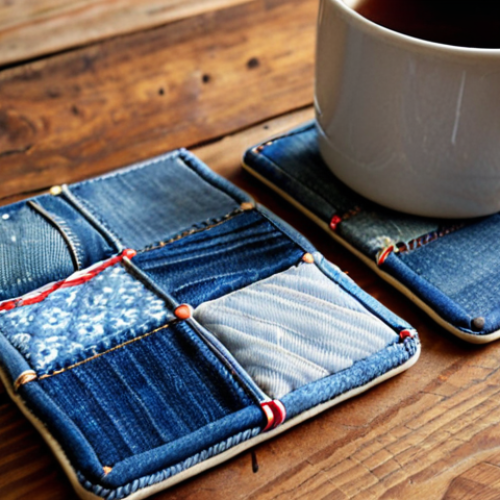 Home 15 **
Upcycled denim coasters on a rustic wooden table. The coasters are patchwork style, made from various shades of blue denim. A steaming mug sits on one coaster. Soft, natural light. Focus on texture and detail of the denim.
**