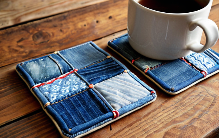**
Upcycled denim coasters on a rustic wooden table. The coasters are patchwork style, made from various shades of blue denim. A steaming mug sits on one coaster. Soft, natural light. Focus on texture and detail of the denim.
**