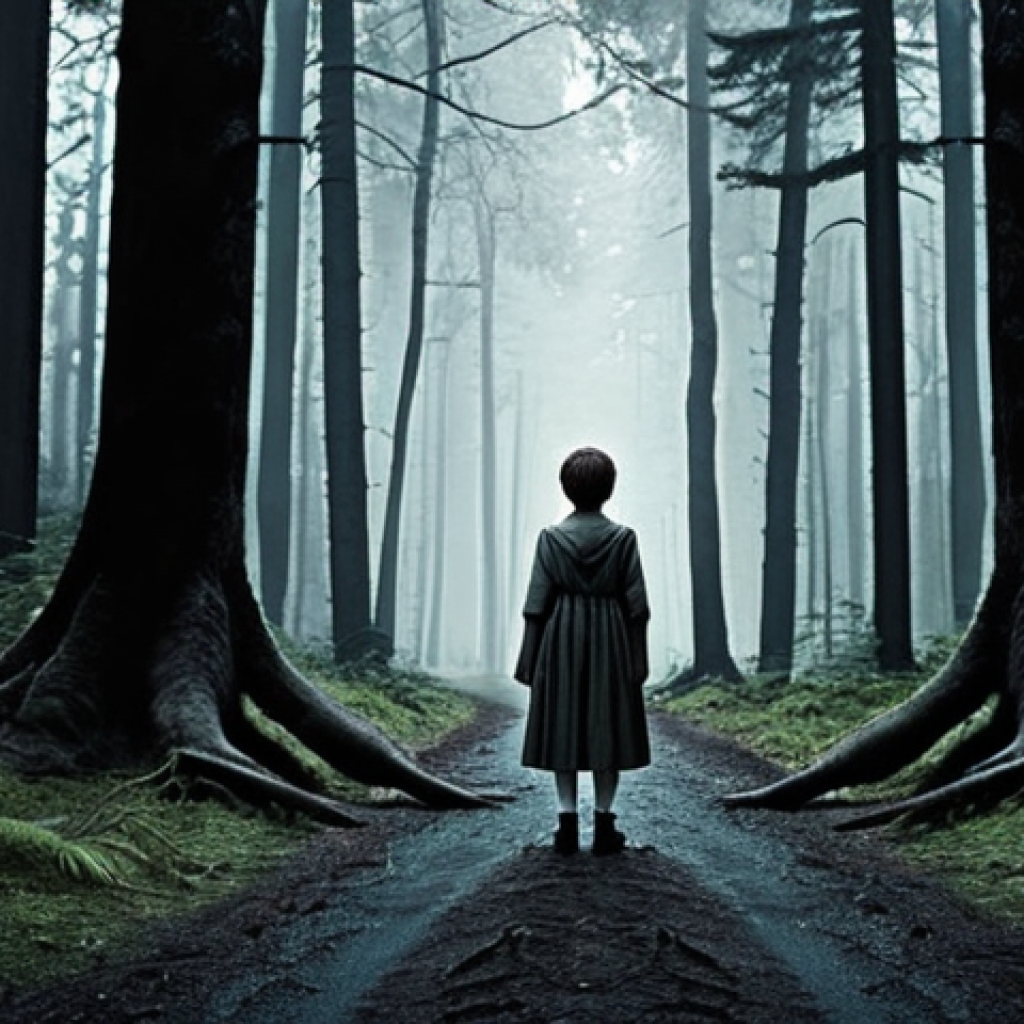 **

A young person standing at a crossroads in a dark forest, symbolizing the journey of finding oneself. The style should be reminiscent of classic literature illustrations, with a focus on atmosphere and introspection.

**