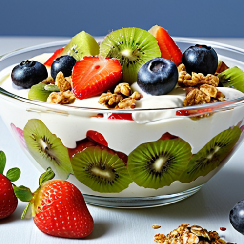 Home 7 Yogurt fruit salad: Plain yogurt, strawberries, blueberries, kiwi, granola topping.