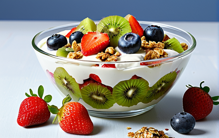 Yogurt fruit salad: Plain yogurt, strawberries, blueberries, kiwi, granola topping.