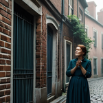 A professional photographer, fully clothed in modest, comfortable outdoor attire, deeply focused and immersed in capturing a tranquil scene. The setting is a serene, gently misty urban alleyway at dawn, with soft, diffused light filtering through historical brick buildings and subtle greenery. The mood is calm and contemplative, emphasizing the healing aspect of photography. The image should feature perfect anatomy, correct proportions, natural pose, well-formed hands, proper finger count, and natural body proportions. This is a high-resolution, ultra-detailed, professional photograph with cinematic lighting, safe for work, appropriate content, fully clothed, and family-friendly.