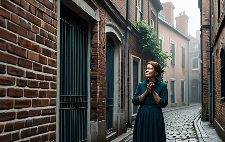 A professional photographer, fully clothed in modest, comfortable outdoor attire, deeply focused and immersed in capturing a tranquil scene. The setting is a serene, gently misty urban alleyway at dawn, with soft, diffused light filtering through historical brick buildings and subtle greenery. The mood is calm and contemplative, emphasizing the healing aspect of photography. The image should feature perfect anatomy, correct proportions, natural pose, well-formed hands, proper finger count, and natural body proportions. This is a high-resolution, ultra-detailed, professional photograph with cinematic lighting, safe for work, appropriate content, fully clothed, and family-friendly.