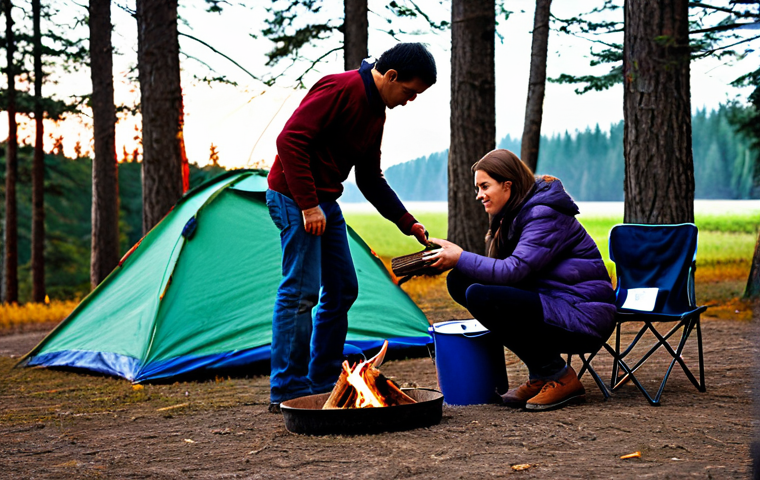 캠프파이어 준비 - Campfire Preparation**

"A family-friendly scene of people preparing for a campfire at a campsite. T...