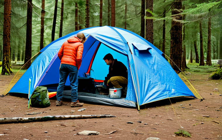 캠핑 안전 수칙 - Safe Tent Setup**

"A family setting up a tent in a forest campsite, fully clothed in appropriate ca...