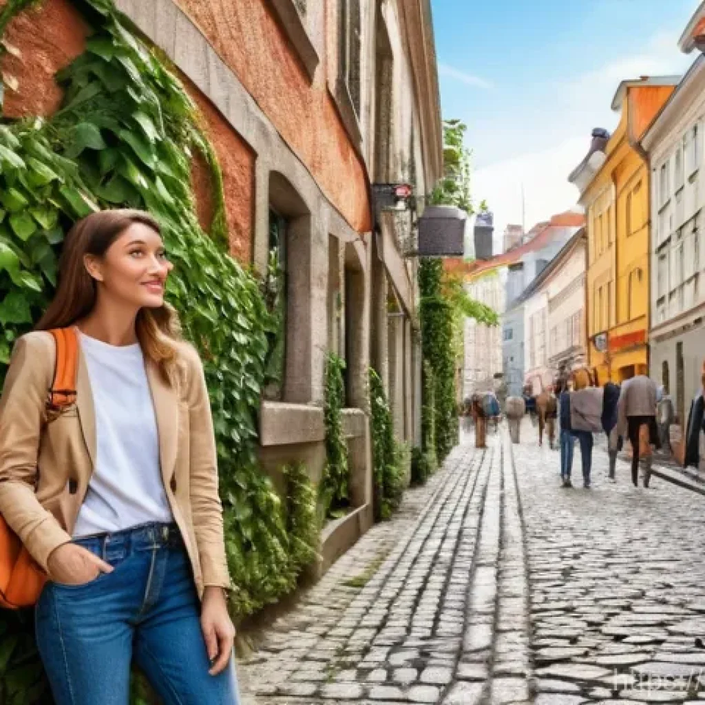 도시 탐험 여행 - A solo female traveler, dressed in a stylish but comfortable blazer over a t-shirt and jeans, with a...