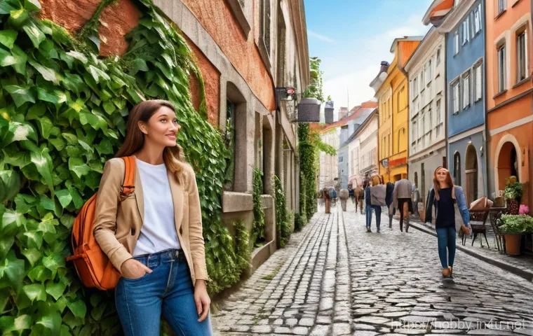 도시 탐험 여행 - A solo female traveler, dressed in a stylish but comfortable blazer over a t-shirt and jeans, with a...