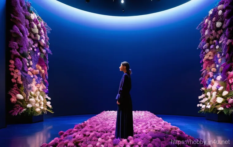 플라워 아트 - **Prompt:** An immersive and futuristic media art installation showcasing a vibrant blend of fresh a...
