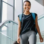 운동 습관 만들기 - **Image Prompt 1:** A cheerful young woman in her late 20s, dressed in stylish yet comfortable athle...